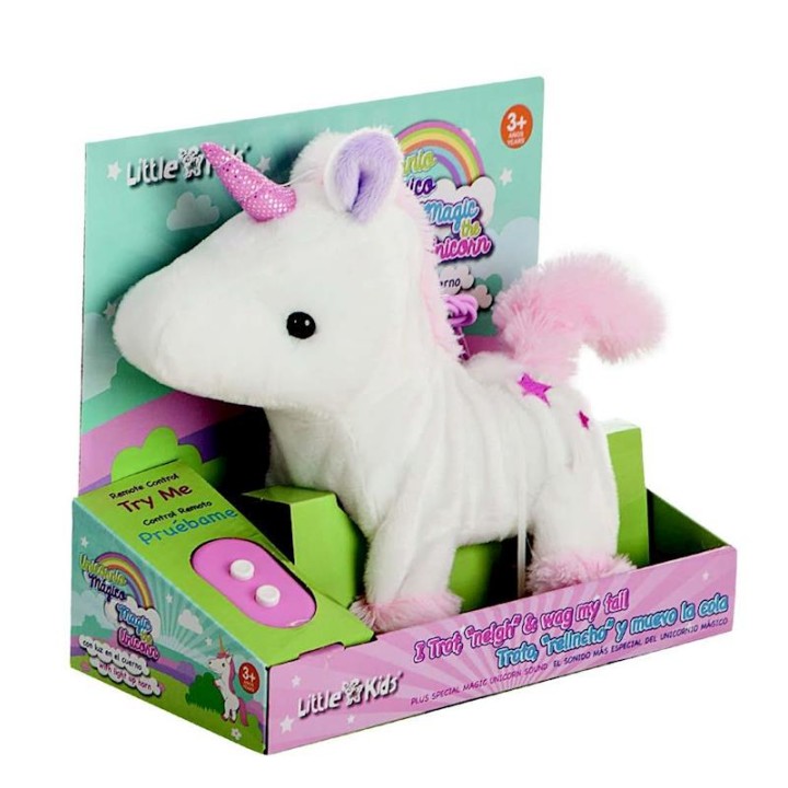Unicornio 23 Cm Camina Y Su Cuerno Se Ilumina 2 Colores Sdos