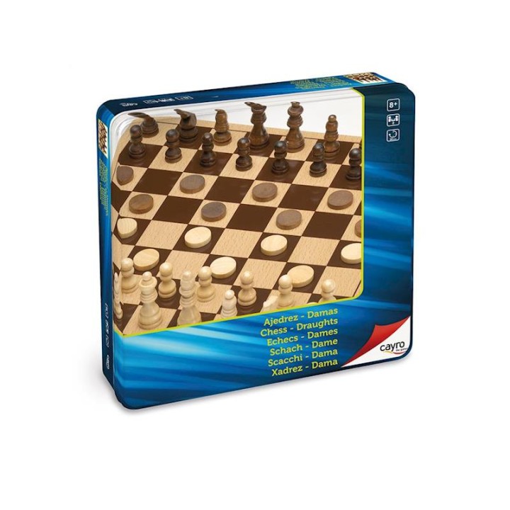 Juego Ajedrez Y Damas De Madera En Caja De Metal