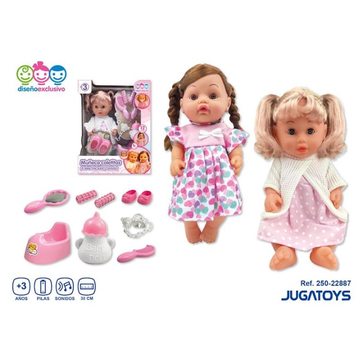 Muñeca Coletas, Bebe Agua Y Hace Pis, Con