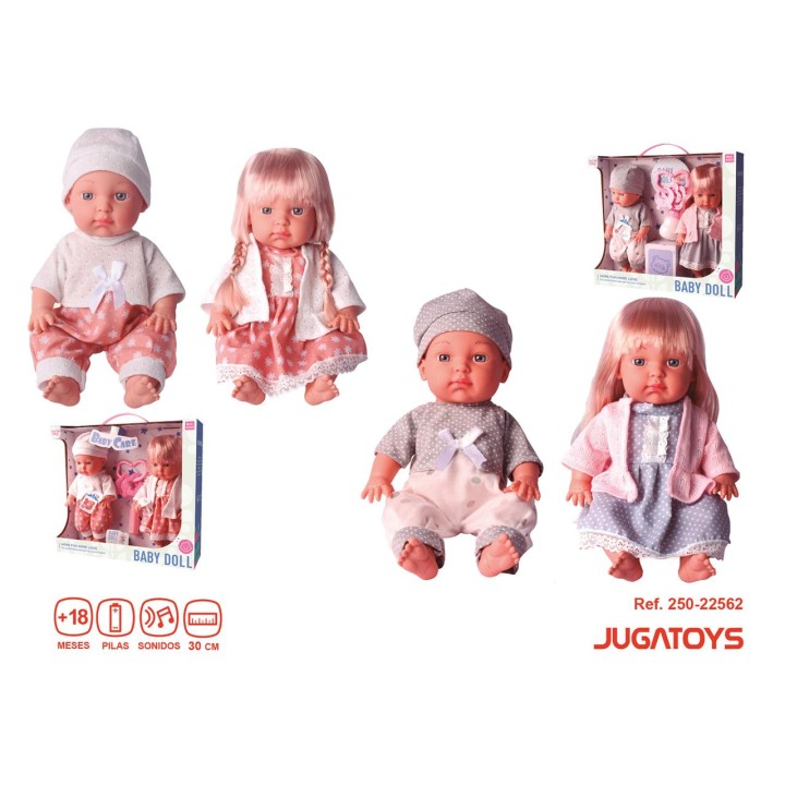 Muñecos Mellizos Baby Doll Con Accesorios Y Sonidos, 30Cm 2 