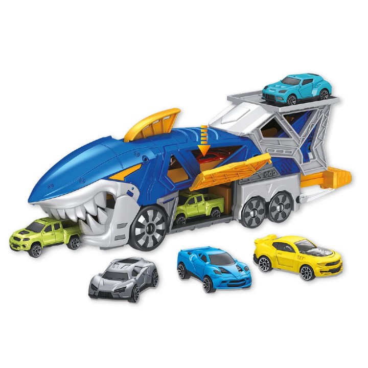 Camión Tiburón Portacoches, Incluye 3 Coches, 33X11x7cm